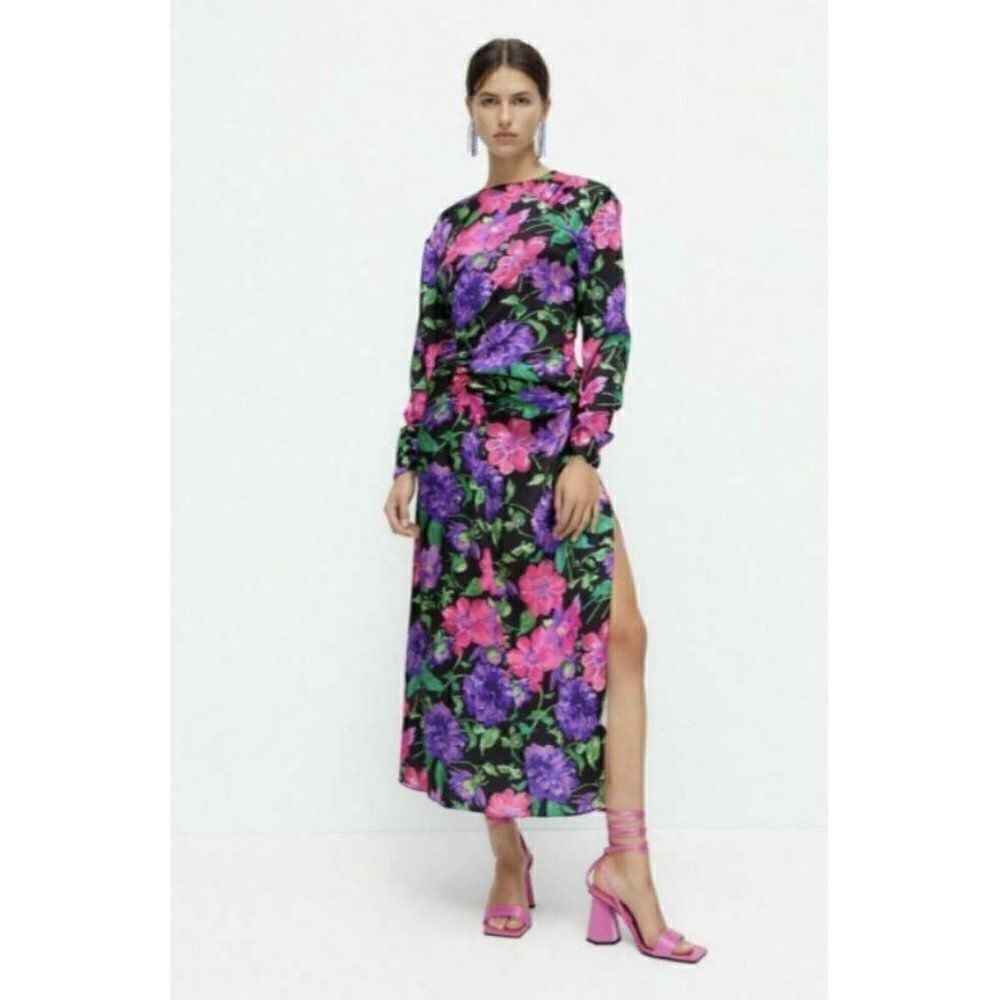 Zara Womens Printed Midi Dress M Pink Purple Floral Long Sleeve 8909/601 NWT